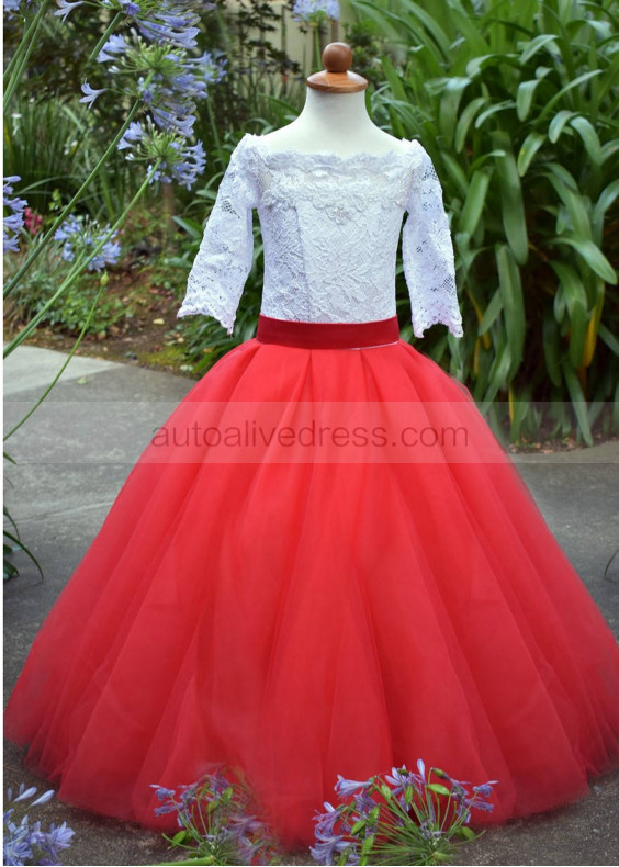 Off Shoulder White Lace Red Tulle Floor Length Flower Girl Dress